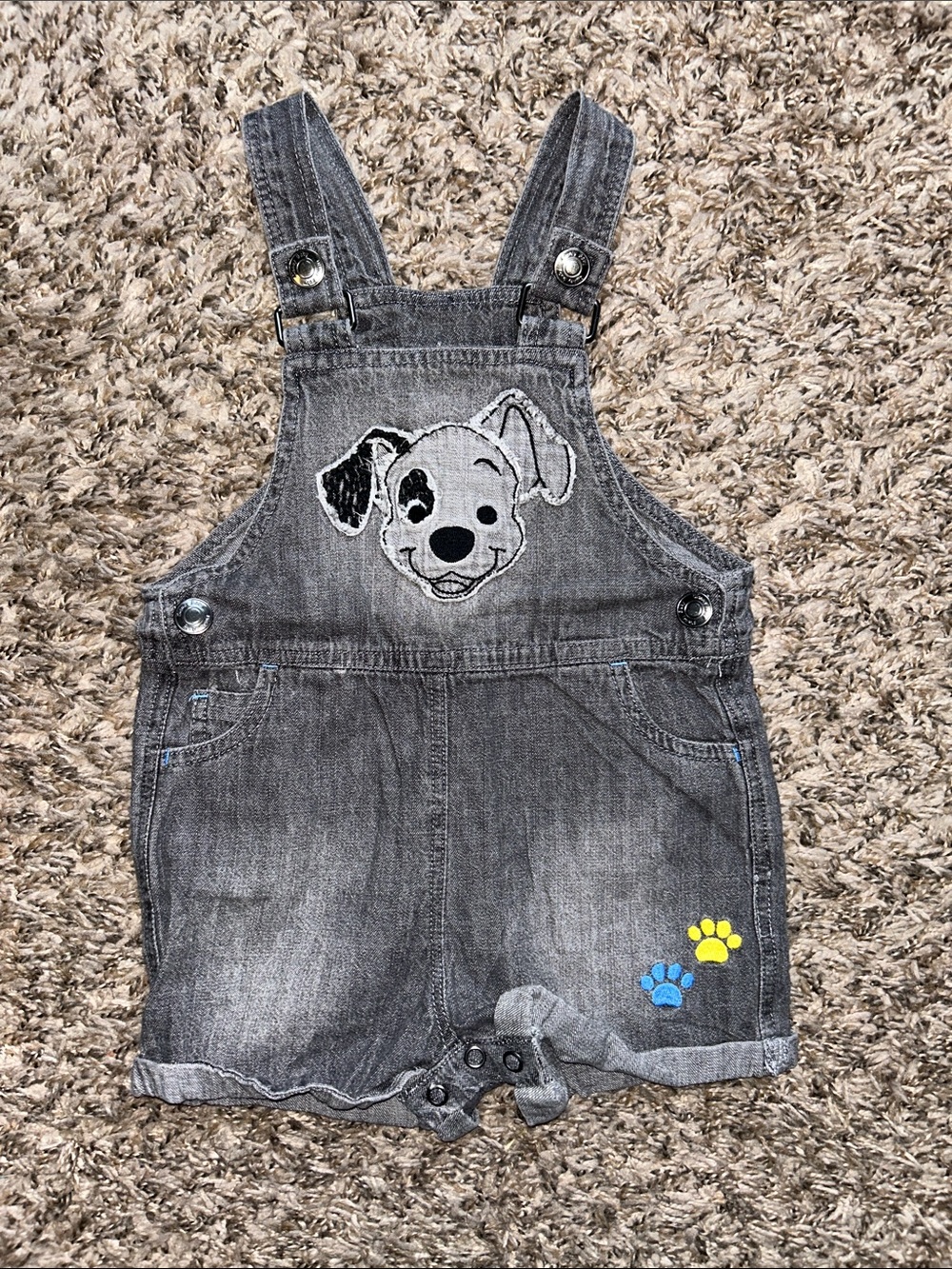 Disney Baby Denim Short Overalls 101 Dalmatians with Embroidered Details - 9-12